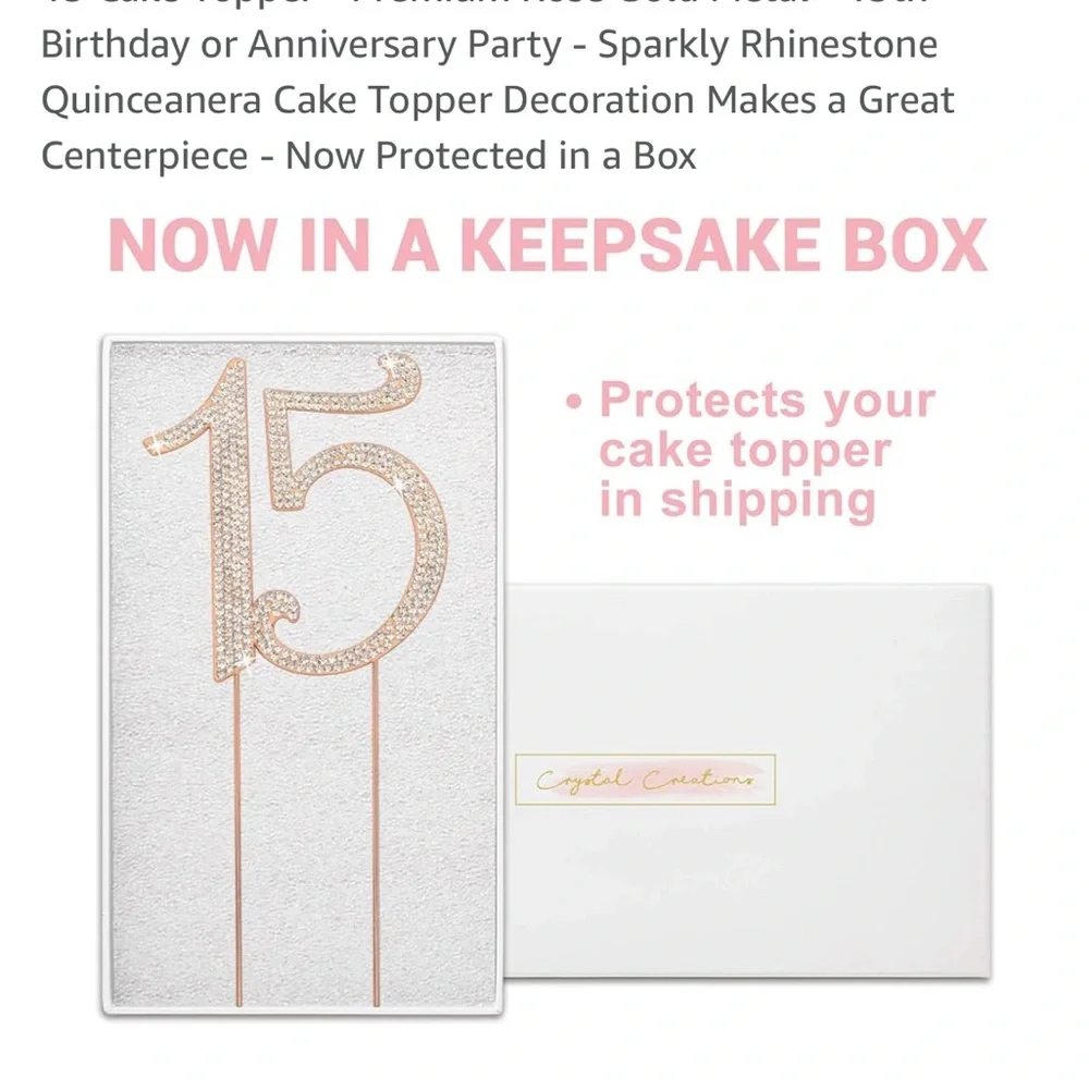 Like new - sturdy rose gold 15 cake topper with keepsake box